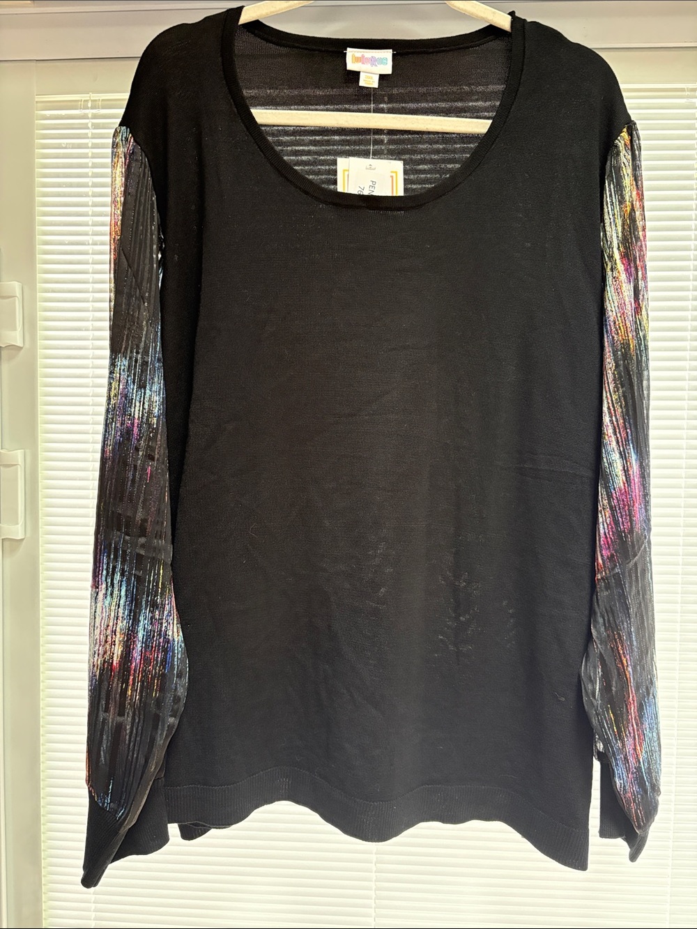 Lularoe  Black Scoop Neck Sweatshirt with Metallic Multi-Color Pleated Sleeves